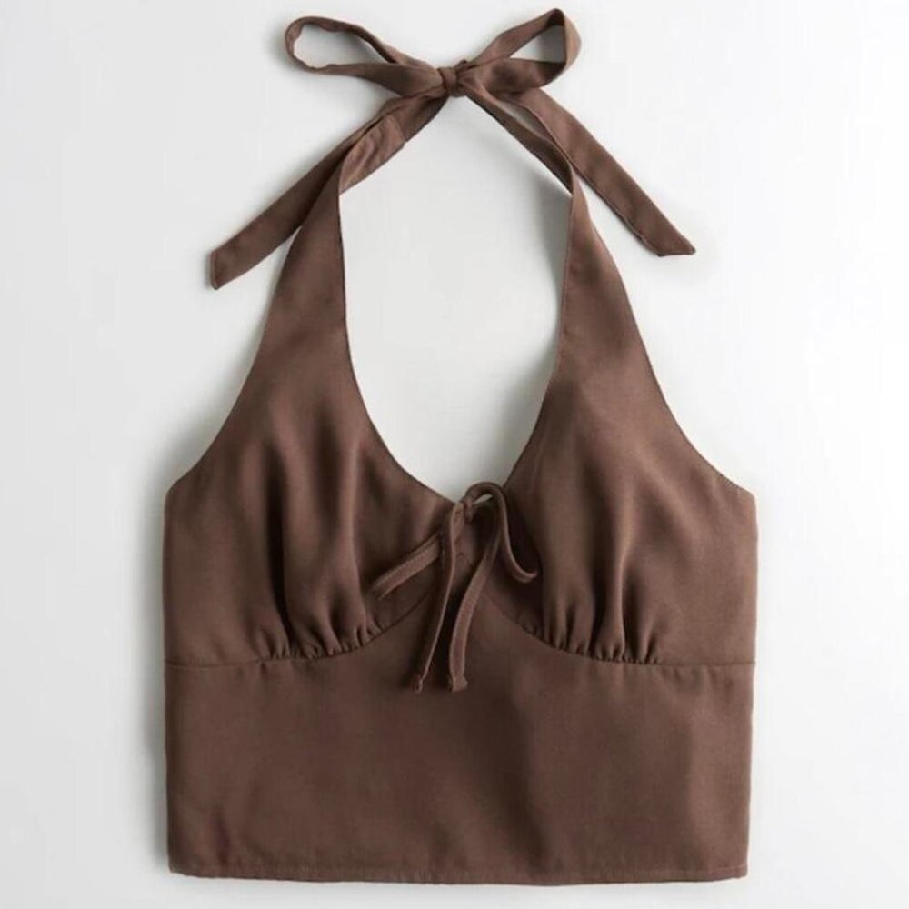 Hollister Chocolate Brown Bow Tie Cropped Halter Top